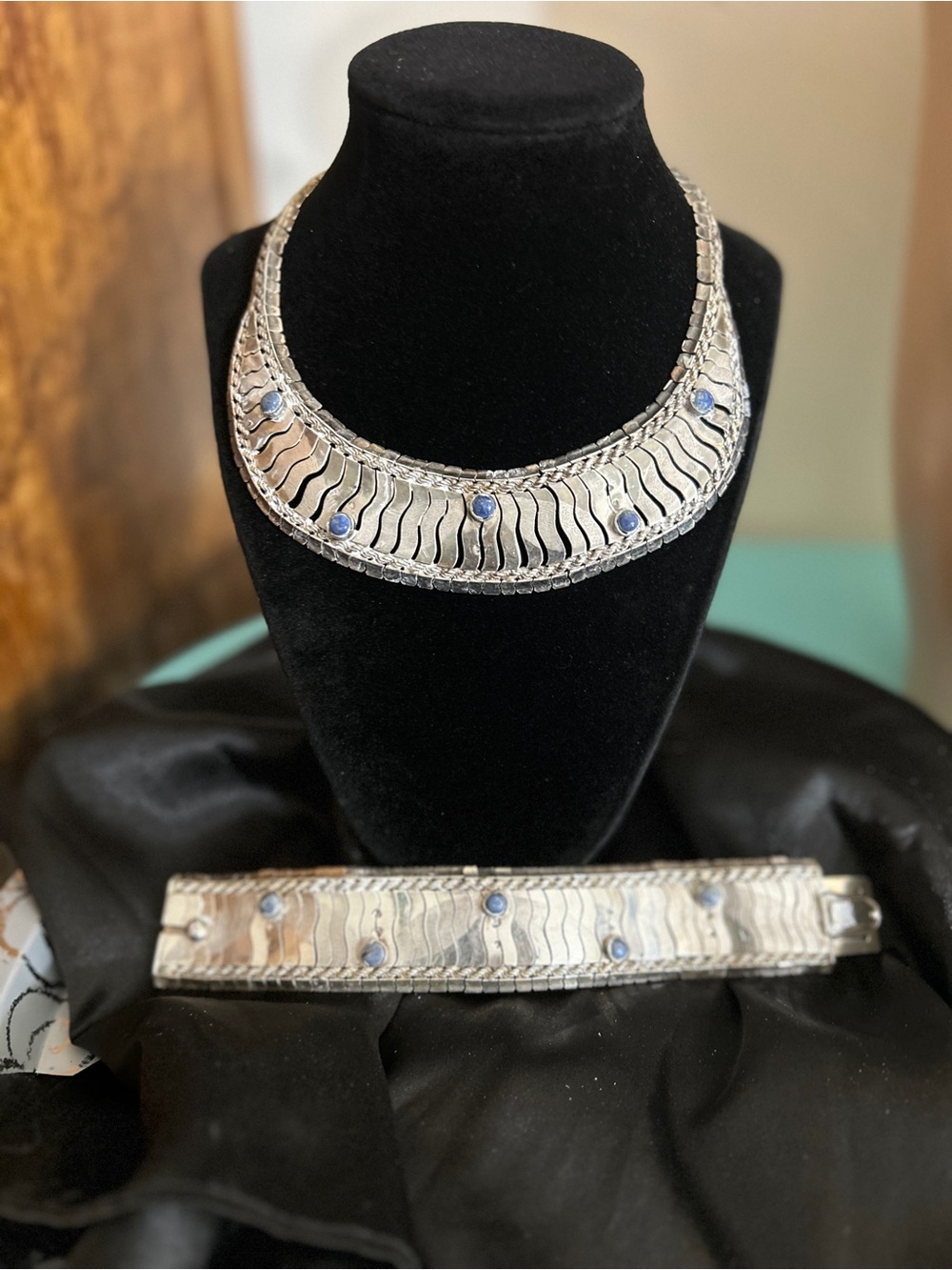 Sterling Silver Statement Necklace and Bracelet Set with Blue Lapis Stones 5oz